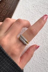 V.I.P Çift Renk Seri Aurora İkili Sıra Zirkon Taşlı Tasarım Ayarlanabilir Çelik Yüzük