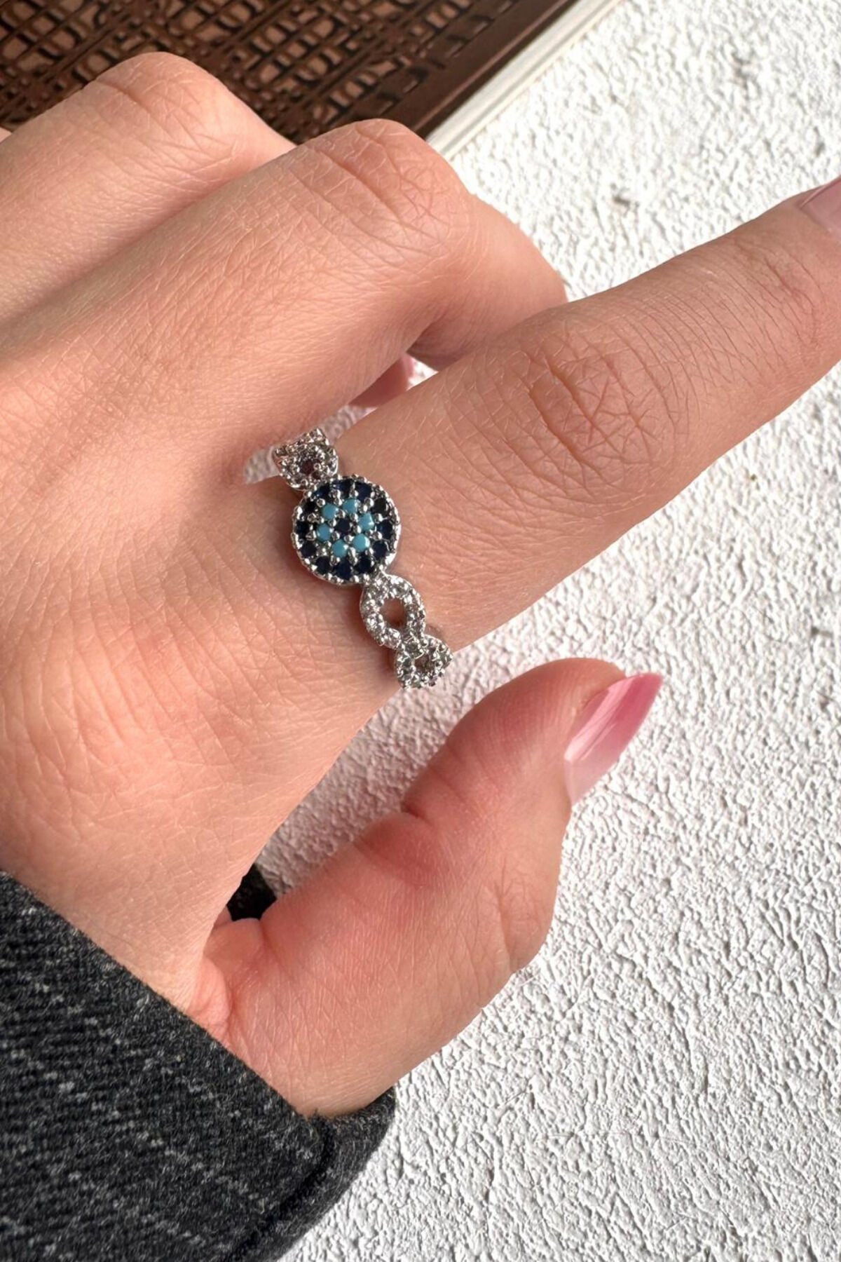 Sonsuzluk Detaylı Nazar Boncuğu Tasarım Ayarlanabilir Kadın Çelik Yüzük