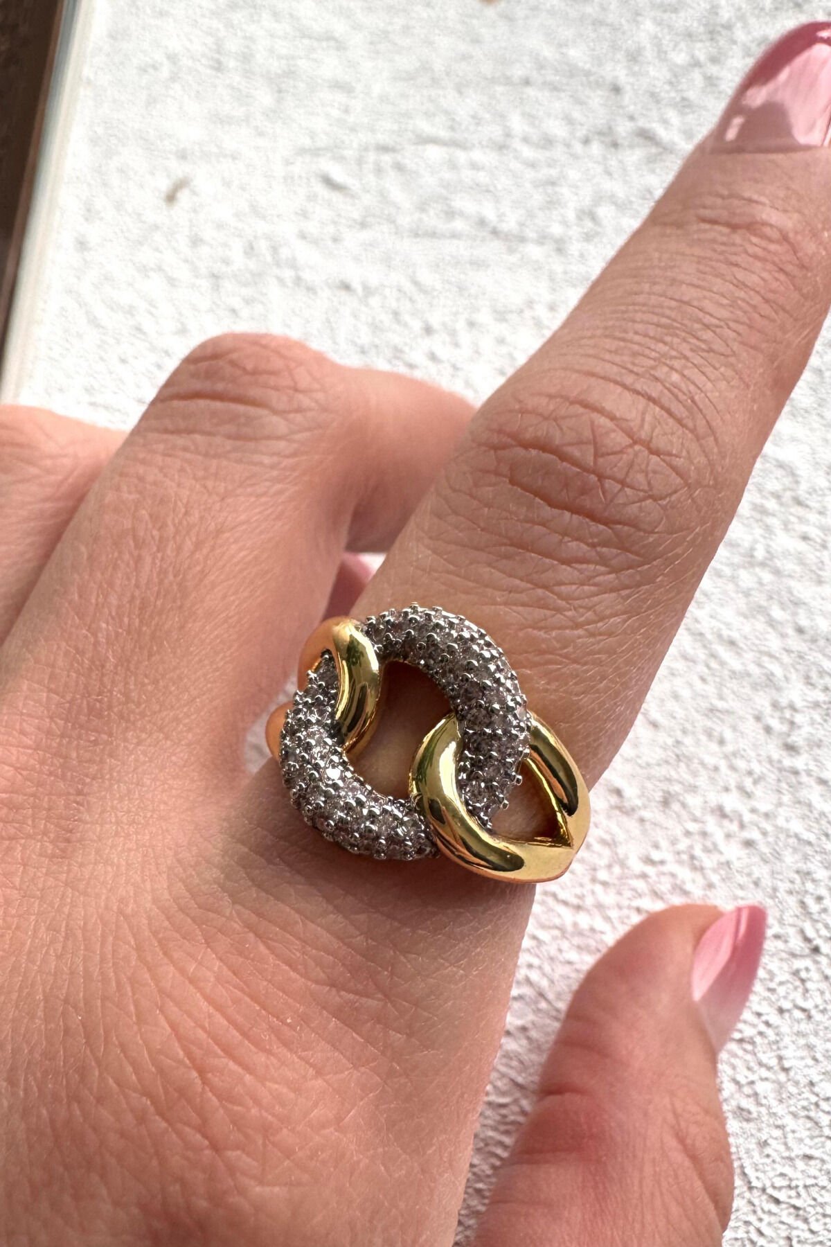 V.I.P Çift Renk Seri Chain Love Tasarım Zirkon Taşlı Ayarlanabilir Çelik Yüzük