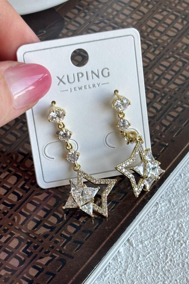Xuping Full Zirkon Taşlı Altın Kaplama Sallantılı Yıldız Tasarım Kadın Çelik Küpe