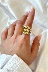 Premium Seri 3lü Görünüm Cilalı Ayarlanabilir Kadın Çelik Yüzük Gold