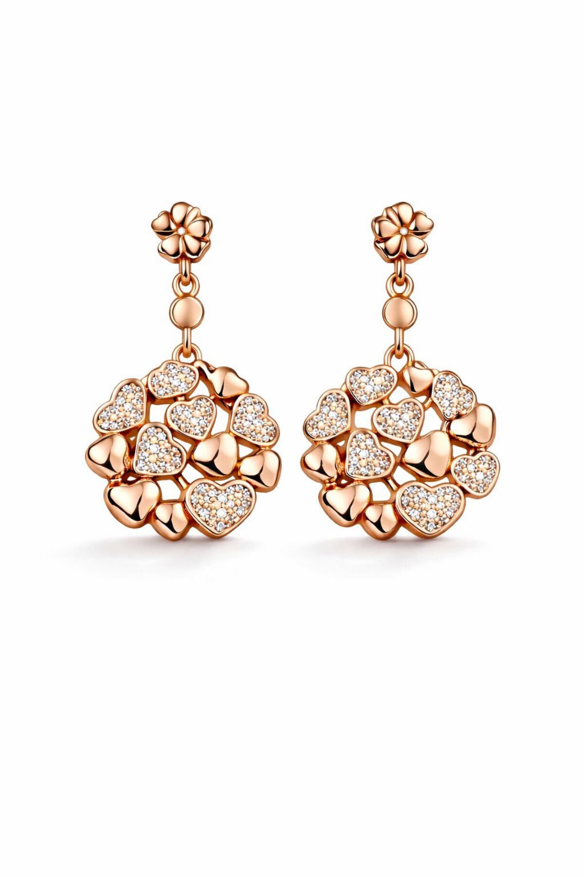 Xuping Rose Kaplama Çiçek Motifli Kalp Detaylı Zirkon Taşlı Çelik Küpe