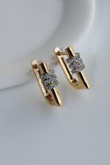 Premium Seri İthal Beyaz Zirkon Taş Detay Köşeli Halka Model Kararmayan Şık Minimal Kadın Gold Küpe