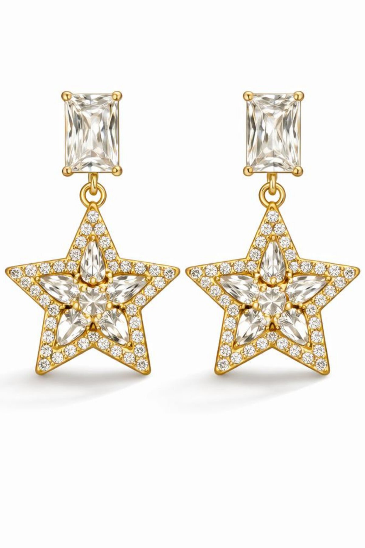 Xuping 14K Altın Kaplama Full Zirkon Taşlı Sallantılı Yıldız Tasarım Kadın Çelik Küpe