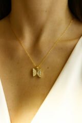 Yeni Sezon Kelebek Tasarım Gold Kaplama Kadın Çelik Kolye