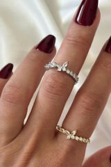 İthal Seri Zarif Zirkon Taşlı Kelebek Tasarım Ayarlanabilir Kadın Çelik Yüzük