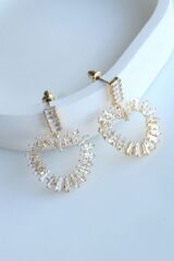 Sallantılı Full Zirkon Taşlı Kalp Tasarım Kararmaz Renk Atmaz Kadın Çelik Küpe