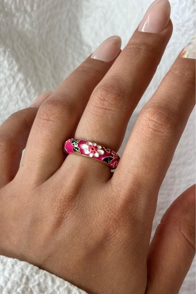 Premium Seri Çok Renkli Çiçek Desen Mineli Ayarlanabilir Kadın Çelik Yüzük Pembe