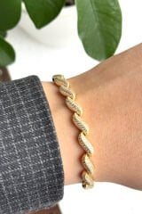 Premium Seri Yaprak Tasarım Full Zirkon Taşlı Ayarlanabilir Kadın Çelik Bileklik Kelepçe