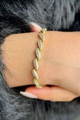 Premium Seri Yaprak Tasarım Full Zirkon Taşlı Ayarlanabilir Kadın Çelik Bileklik Kelepçe