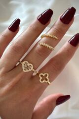 Yeni Sezon 3 Lü Kombin Zirkon Taşlı Yonca Kalp Su Yolu Tasarım Çoklu Ayarlanabilir Kadın Yüzük Seti