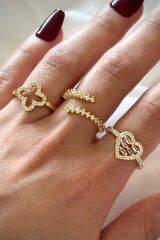 Yeni Sezon 3 Lü Kombin Zirkon Taşlı Yonca Kalp Su Yolu Tasarım Çoklu Ayarlanabilir Kadın Yüzük Seti