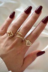 Yeni Sezon 3 Lü Kombin Zirkon Taşlı Yonca Kalp Su Yolu Tasarım Çoklu Ayarlanabilir Kadın Yüzük Seti