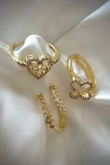 Yeni Sezon 3 Lü Kombin Zirkon Taşlı Yonca Kalp Su Yolu Tasarım Çoklu Ayarlanabilir Kadın Yüzük Seti