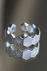 VIP %100 İthal Petek Tasarım Zirkon Taşlı Model Kararmaz Ayarlanabilir Kadın Çelik Yüzük