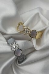 VIP %100 İthal Petek Tasarım Zirkon Taşlı Model Kararmaz Ayarlanabilir Kadın Çelik Yüzük