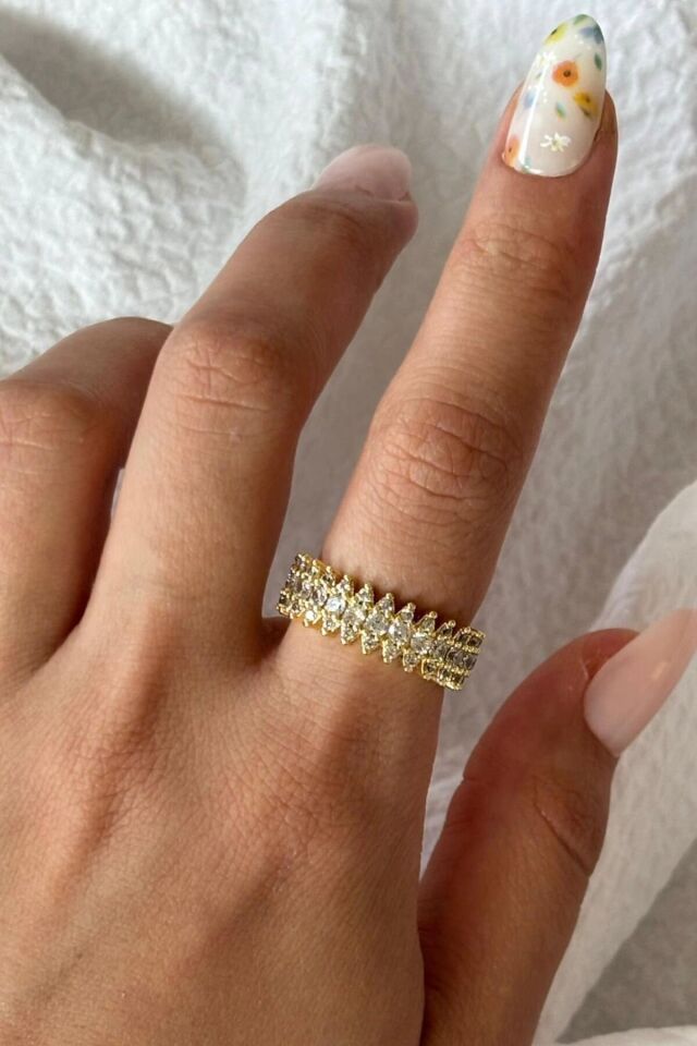 Yeni Sezon Mekik Model Sıra Zirkon Taşlı Ayarlanabilir Kadın Çelik Yüzük Gold