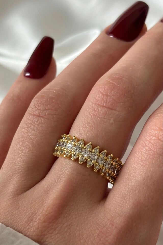 Yeni Sezon Mekik Model Sıra Zirkon Taşlı Ayarlanabilir Kadın Çelik Yüzük Gold