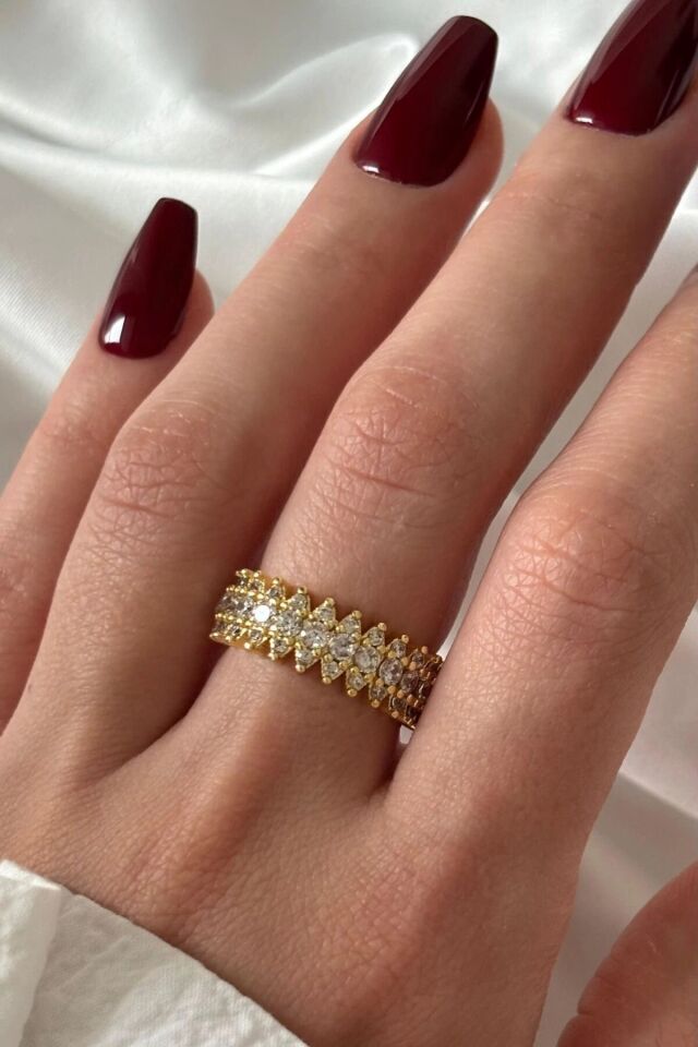 Yeni Sezon Mekik Model Sıra Zirkon Taşlı Ayarlanabilir Kadın Çelik Yüzük Gold