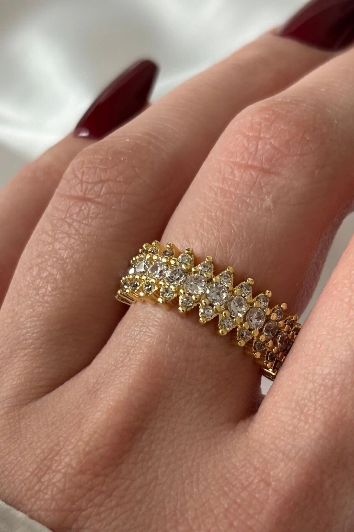 Yeni Sezon Mekik Model Sıra Zirkon Taşlı Ayarlanabilir Kadın Çelik Yüzük Gold