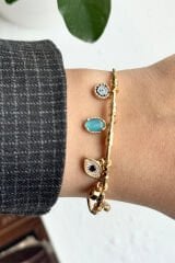 Premium Seri Renkli Taşlı Nazar Boncuğu Charmlı Ayarlanabilir Kadın Çelik Bileklik Kelepçe