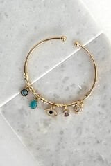 Premium Seri Renkli Taşlı Nazar Boncuğu Charmlı Ayarlanabilir Kadın Çelik Bileklik Kelepçe