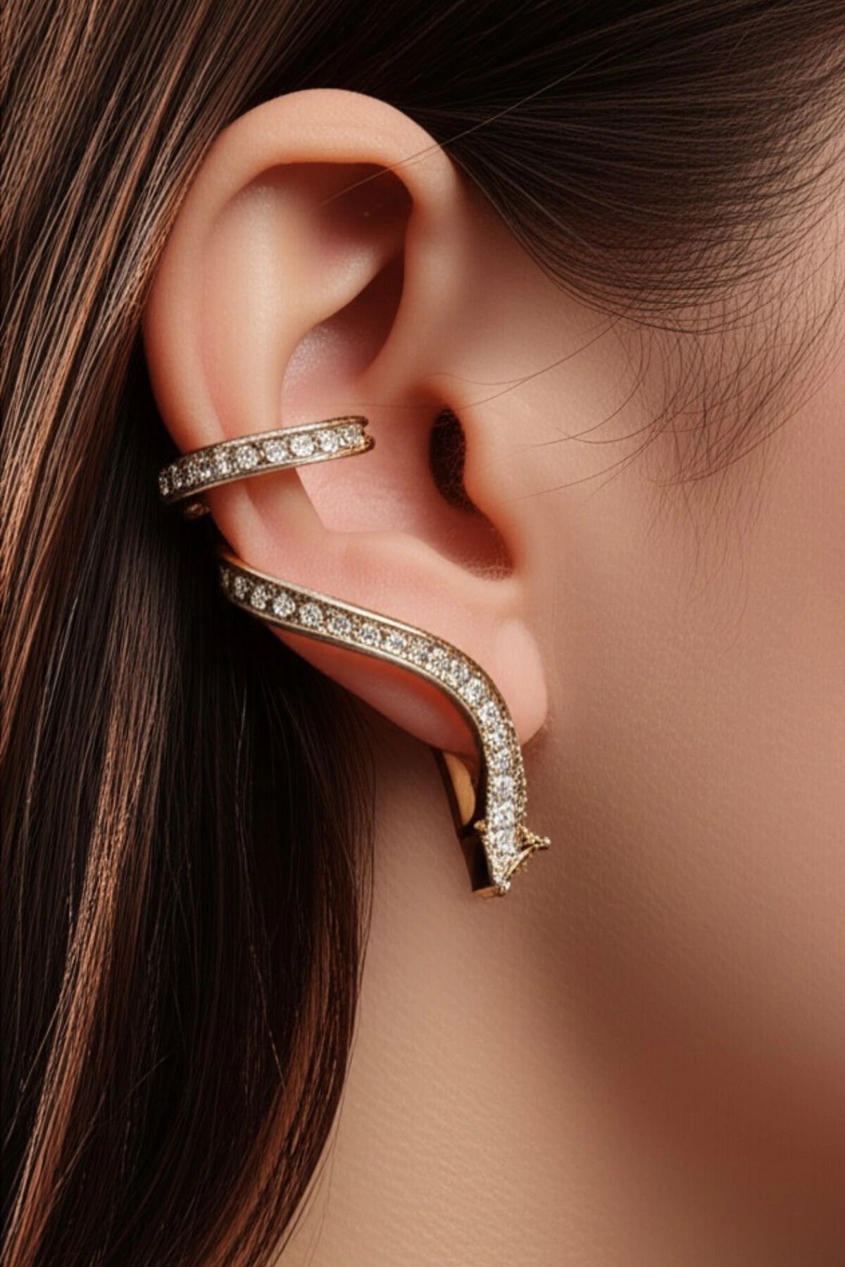 Yılan Tasarım Dizi Baget Zirkon Taşlı Kıkırdaklı Earcuff Küpe Gold