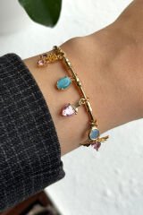 Premium Seri Renkli Taşlı Kalp Charmlı Ayarlanabilir Kadın Çelik Bileklik Kelepçe