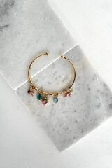 Premium Seri Renkli Taşlı Kalp Charmlı Ayarlanabilir Kadın Çelik Bileklik Kelepçe