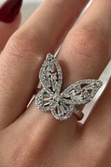 Yeni Sezon Full Zirkon Taşlı Kelebek Model Tasarım Ayarlanabilir Kadın Çelik Yüzük