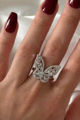 Yeni Sezon Full Zirkon Taşlı Kelebek Model Tasarım Ayarlanabilir Kadın Çelik Yüzük