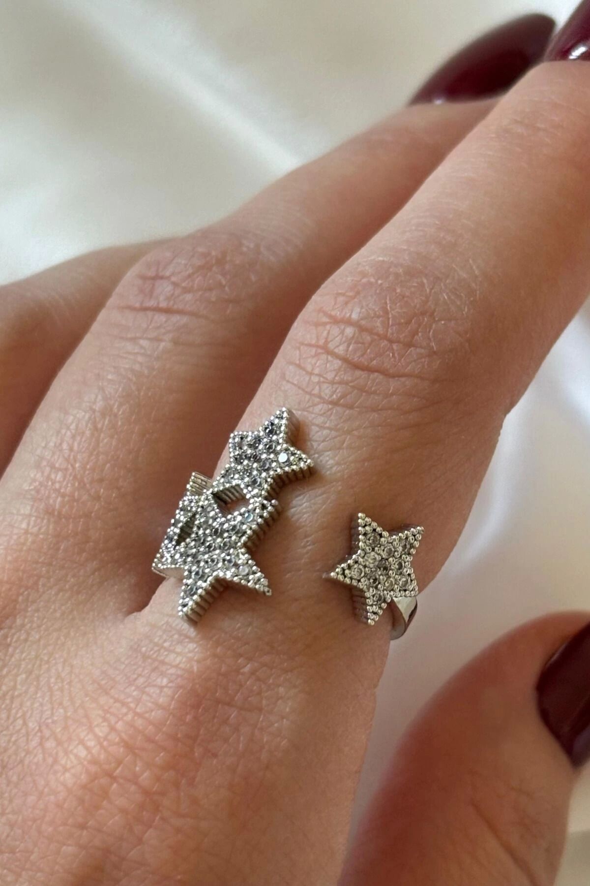 Premium Seri Yıldızlı Sarmal Full Zirkon Taşlı Tasarım Ayarlanabilir Kadın Çelik Yüzük