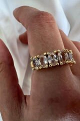 Exclusive Seri Ayarlanabilir Kararmaz Kenarları Burgu Model Oval Sıra Taş Kadın Çelik Yüzük Gold