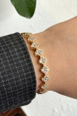 Premium Seri Full Taş Tam Tur Yonca Tasarım Ayarlanabilir Kadın Çelik Bileklik Kelepçe