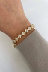 Premium Seri Full Taş Tam Tur Yonca Tasarım Ayarlanabilir Kadın Çelik Bileklik Kelepçe