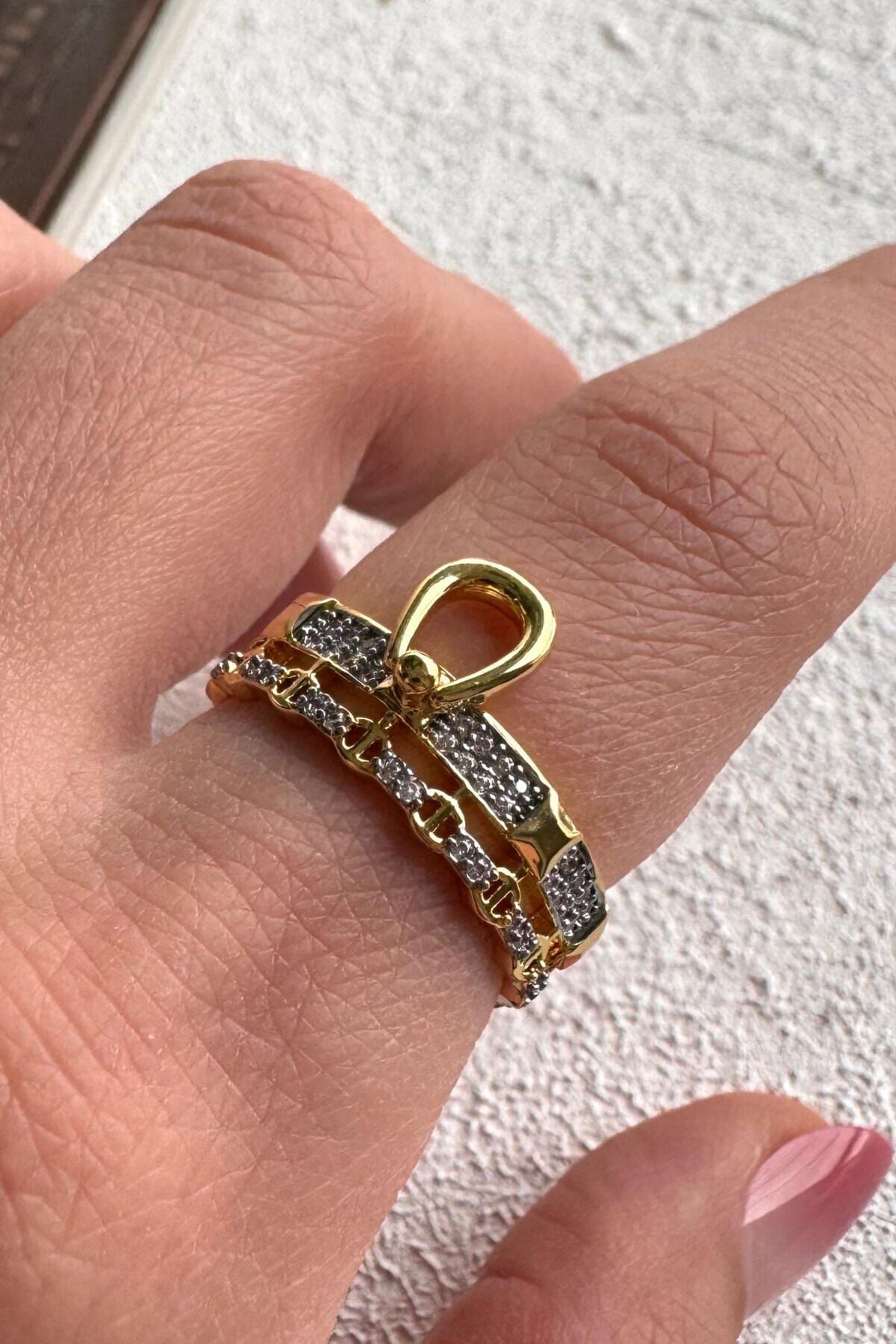 V.I.P Çift Renk Seri Golden Buckle Tasarım Zirkon Taşlı Ayarlanabilir Çelik Yüzük Altın