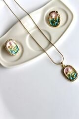 Vintage Incili Beyaz Gül Motifli 3d Tablo Tasarım Kadın Çelik Kolye