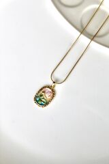 Vintage Incili Beyaz Gül Motifli 3d Tablo Tasarım Kadın Çelik Kolye