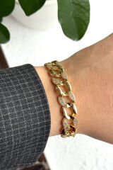 Premium Seri Gurmet Zincir Model Zirkon Taşlı Tasarım Kadın Çelik Bileklik Kelepçe