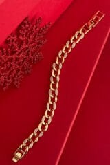 Premium Seri Gurmet Zincir Model Zirkon Taşlı Tasarım Kadın Çelik Bileklik Kelepçe