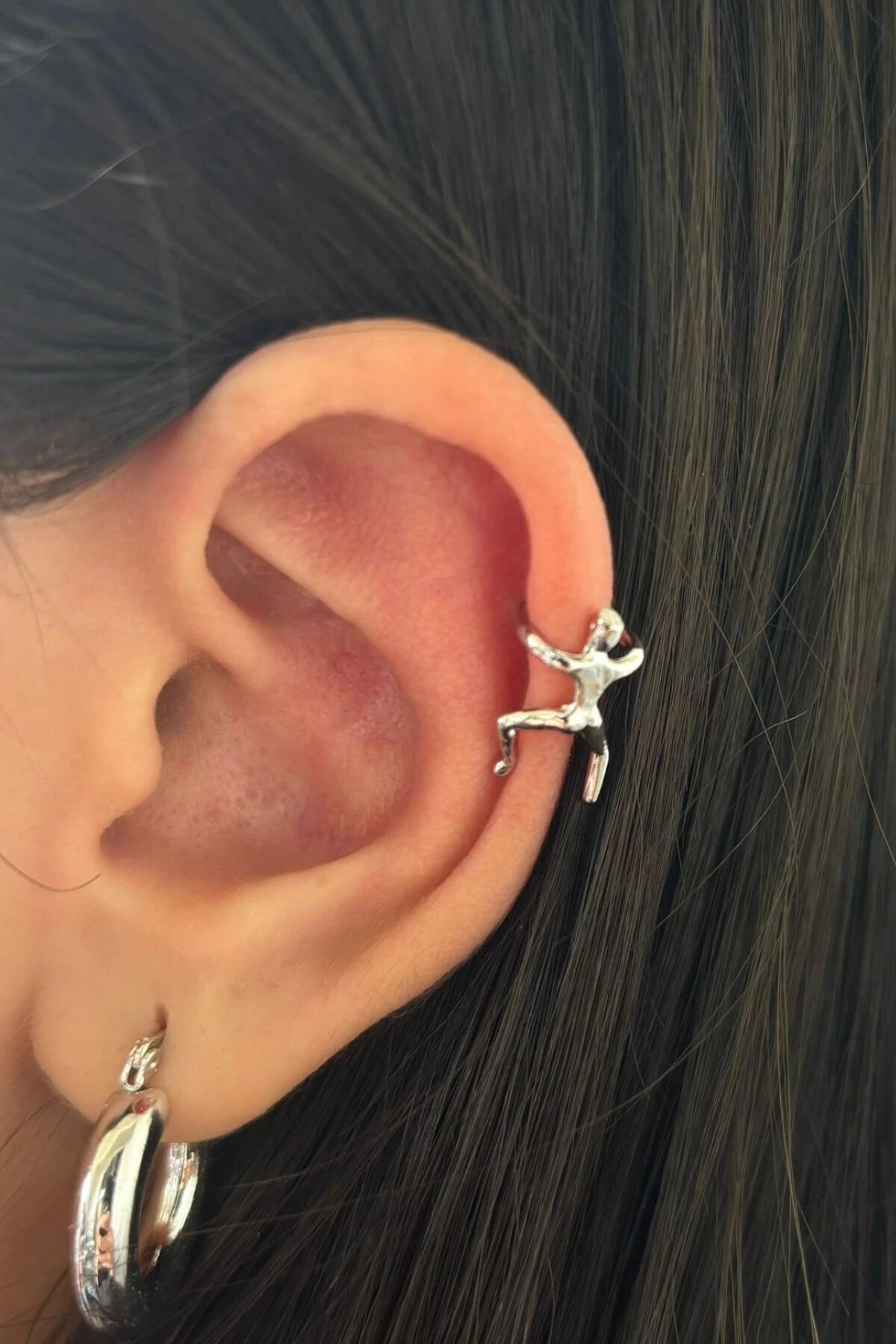 Premium Seri Tırmanan Çöp Adam Model Tasarım Sıkıştırmalı Earcuff Çelik Kıkırdak Küpe