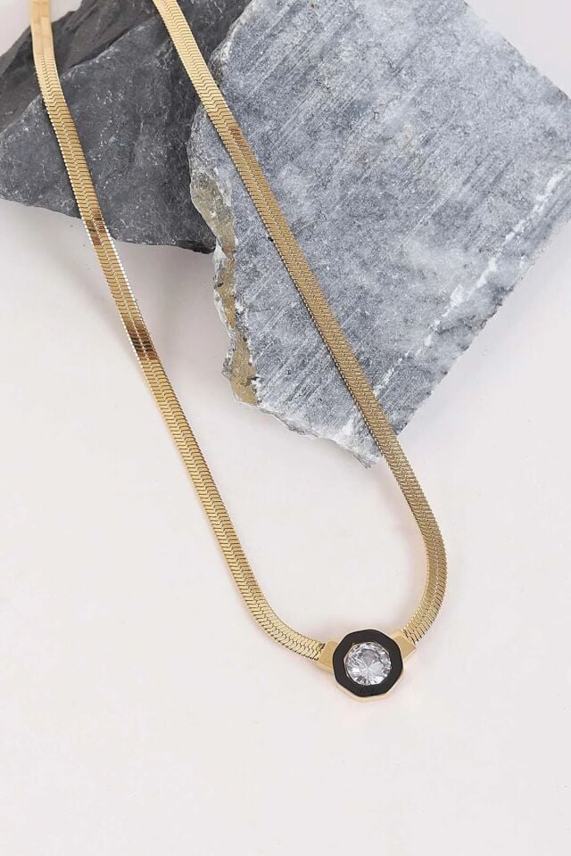 Özel Seri İtalyan Zincirli Sekizgen Zirkon Taşlı Kadın Çelik Kolye Altın - 45 Cm