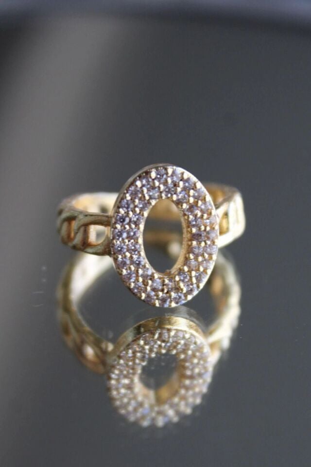 Yeni Sezon Elips Tasarım Full Zirkon Taşlı Kolları Zincir Model Ayarlanabilir Kadın Çelik Yüzük Gold