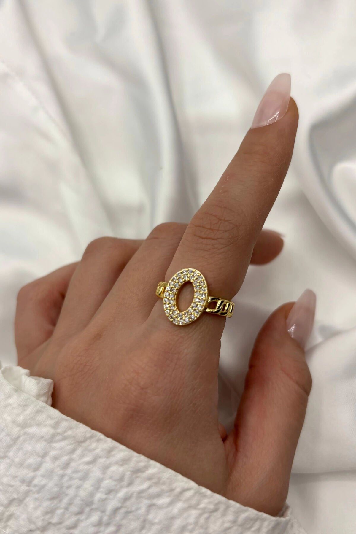 Yeni Sezon Elips Tasarım Full Zirkon Taşlı Kolları Zincir Model Ayarlanabilir Kadın Çelik Yüzük Gold