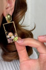 Yeni Sezon Çerçeve Sallantılı Renkli Zirkon Taşlı Tasarım Kararmaz Renk Atmaz Kadın Çelik Küpe