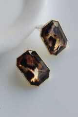 Özel Seri Kare Leopar Desen Minimalist Çivi Model Gold Çerçeve Kadın Çelik Küpe