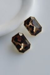 Özel Seri Kare Leopar Desen Minimalist Çivi Model Gold Çerçeve Kadın Çelik Küpe