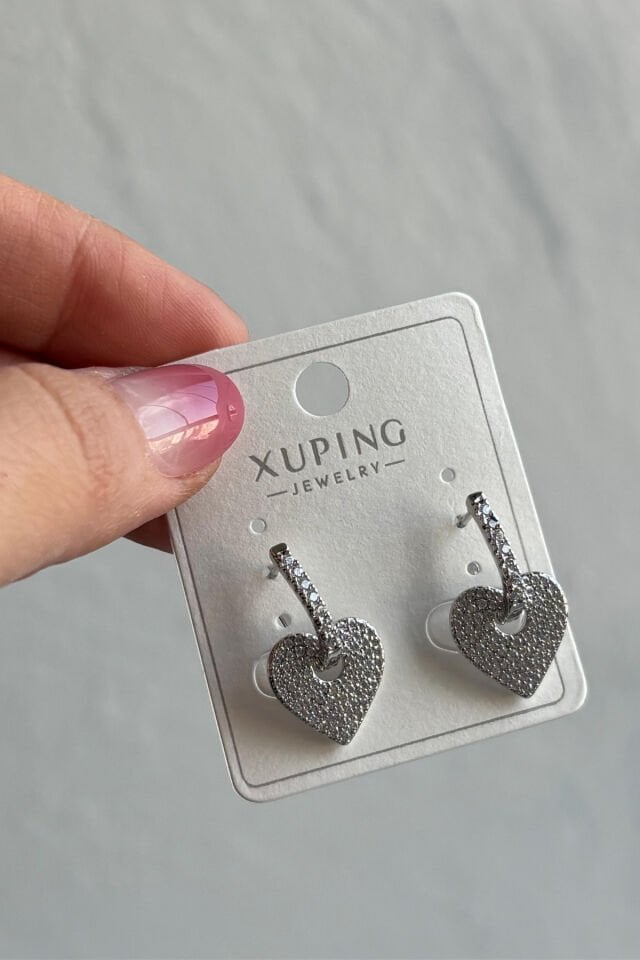 Full Taş Xuping Gümüş Kaplama Sallantılı Mini Kalp Tasarım Kadın Çelik Küpe Gümüş