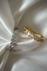 Premium Seri Fivestone Model Çapraz Baget Zirkon Taşlı Tasarım Ayarlanabilir Kadın Çelik Yüzük