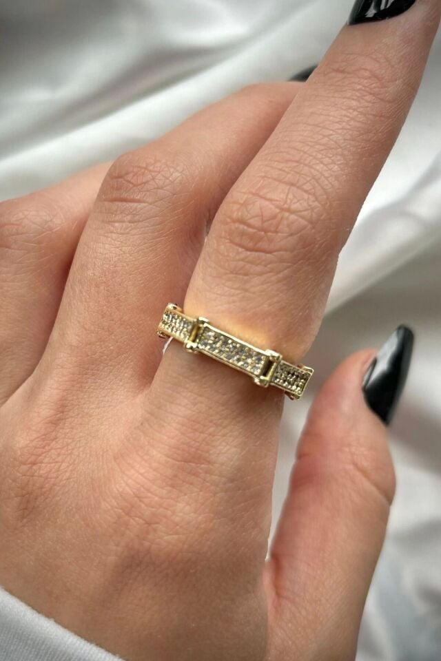 Premium İthal Seri Yarımtur Sekizgen Model Zirkon Taşlı Ayarlanabilir Tasarım Kadın Çelik Yüzük Gold